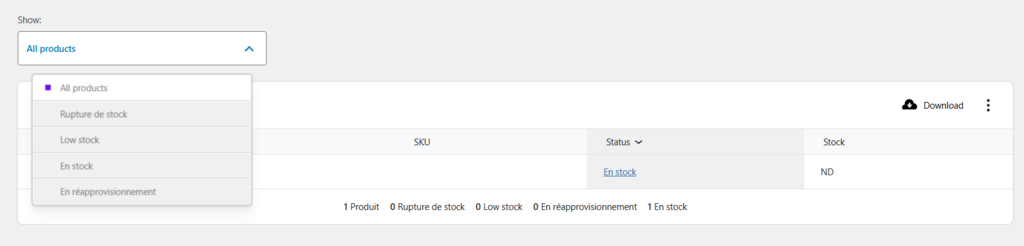 Statuts des stocks pour les produits WooCommerce.