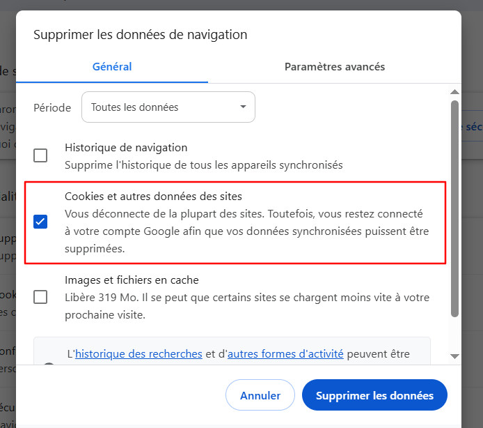 Fenêtre Supprimer les données de navigation sur Chrome, en cochant l'option Cookies et autres données des sites