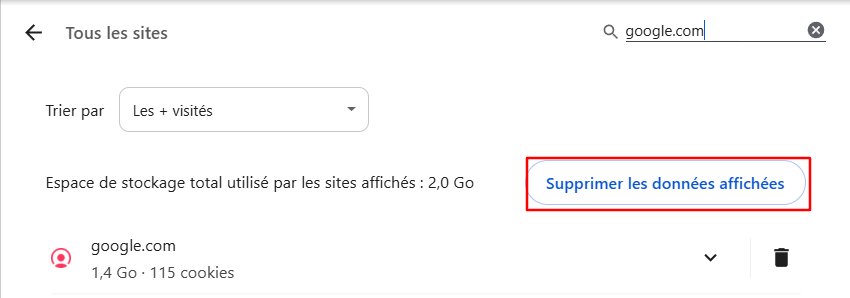 Supprimer tous les cookies affichés dans Google Chrome