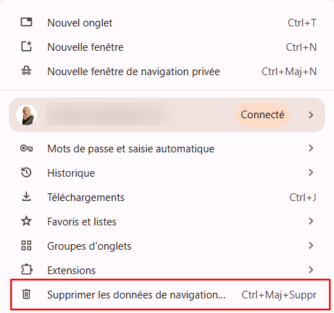 Option Supprimer les données de navigation de Google Chrome