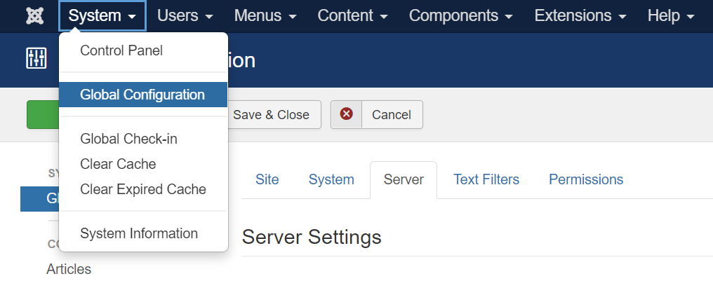 Accéder à la Configuration globale sur le tableau de bord Joomla