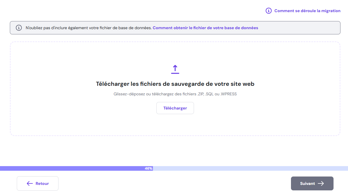 Panneau pour migrer le site Web hors ligne avec les fichiers de sauvegarde