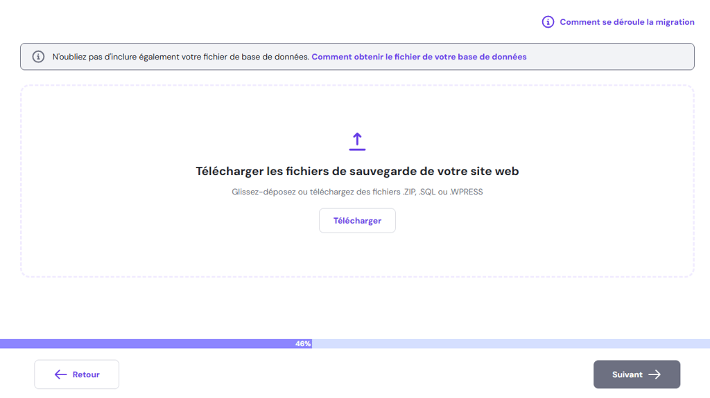 Panneau pour migrer le site Web hors ligne avec les fichiers de sauvegarde