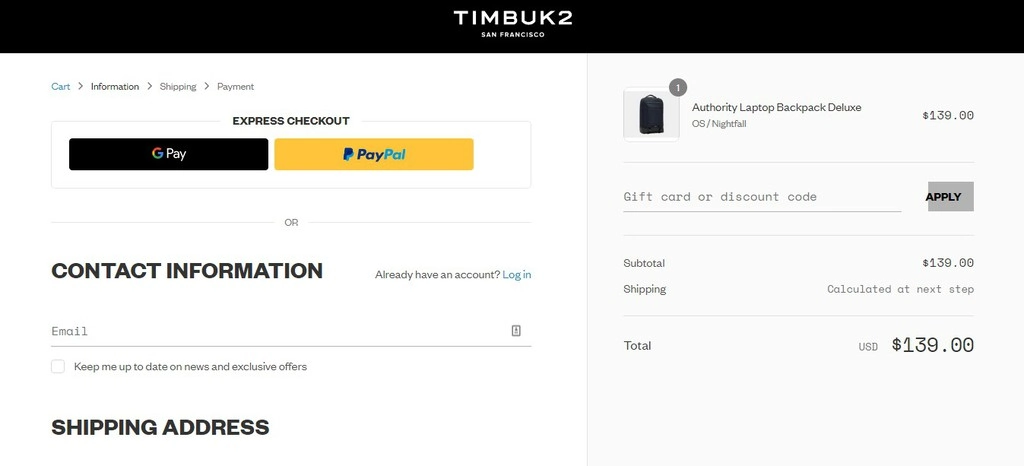 Page de paiement de Timbuk2