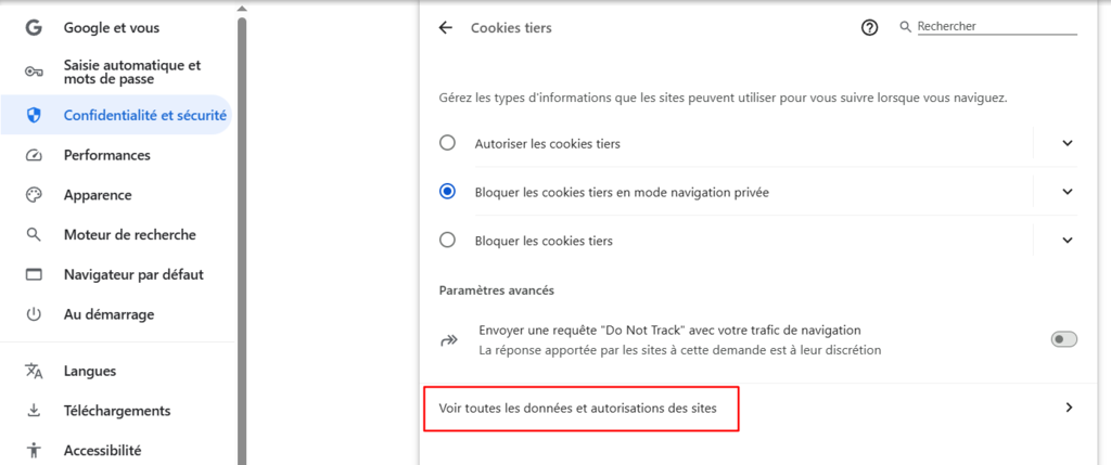 Paramètres Google, affichant l'option voir toutes les données et autorisations des sites