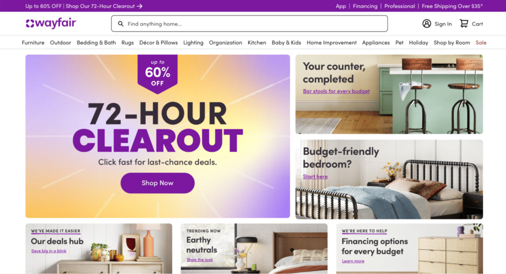 Page d'accueil de Wayfair