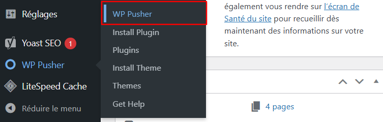 Menu du plugin WP Pusher sur la barre latérale de WordPress