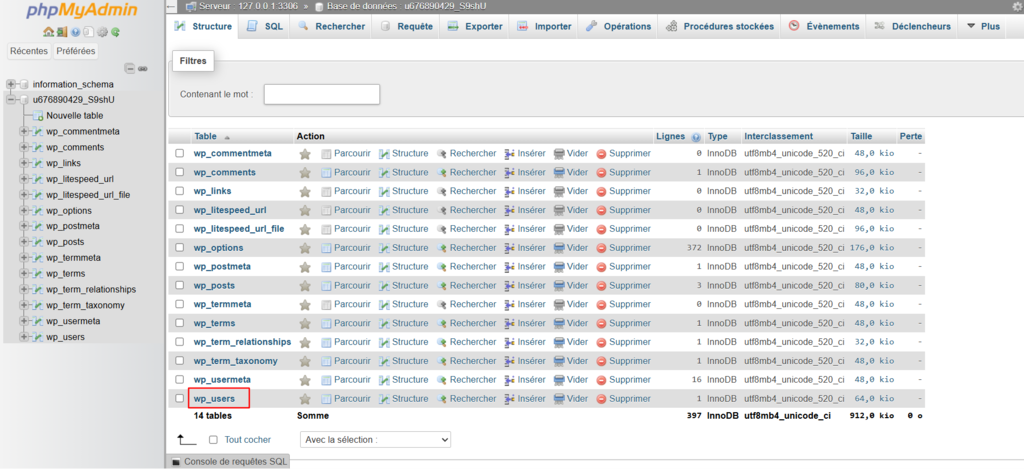 Tableau de base de donn&eacute;es dans le tableau de bord phpMyAdmin
