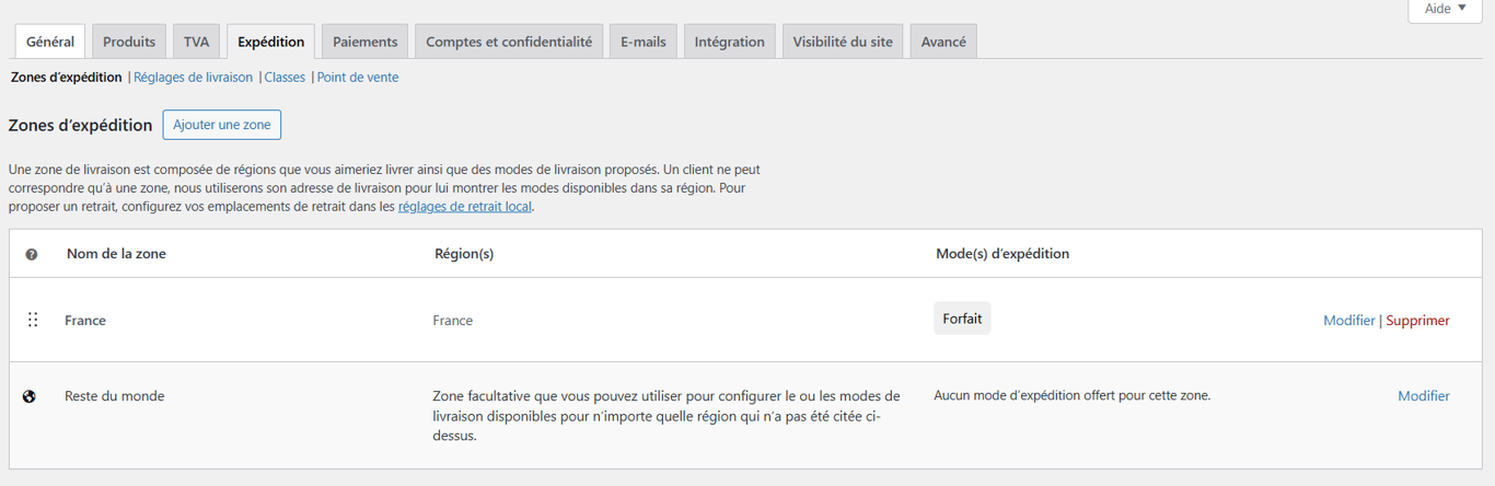 Zones d'expédition dans WooCommerce.