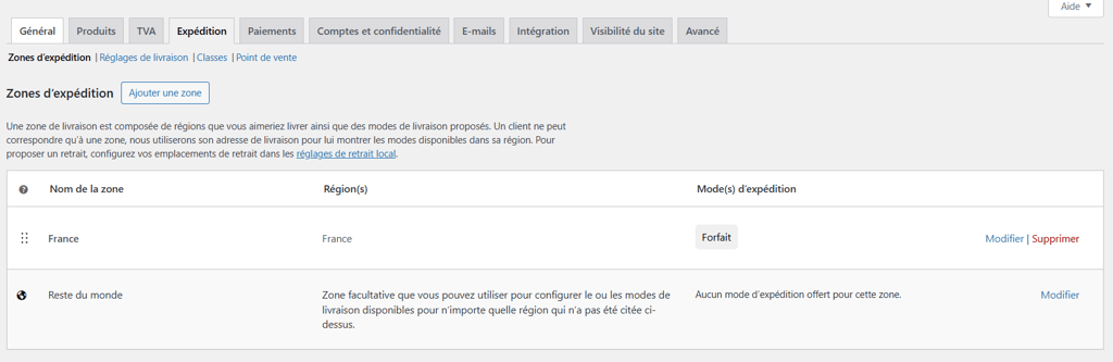 Zones d'exp&eacute;dition dans WooCommerce.