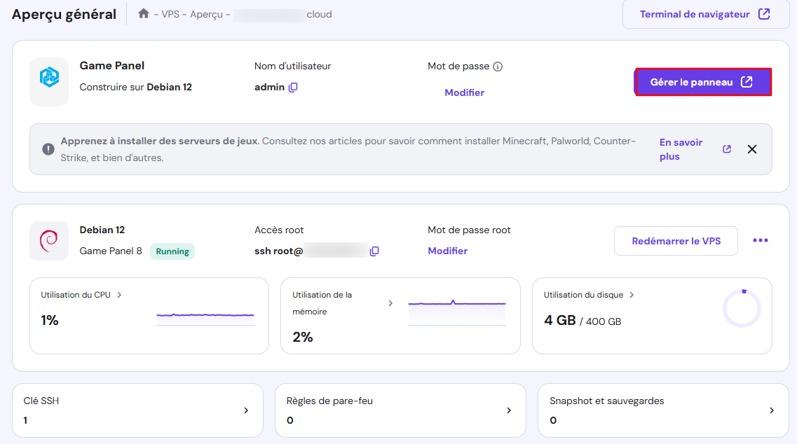 Le bouton Gérer le panneau dans la page Aperçu général du VPS de hPanel