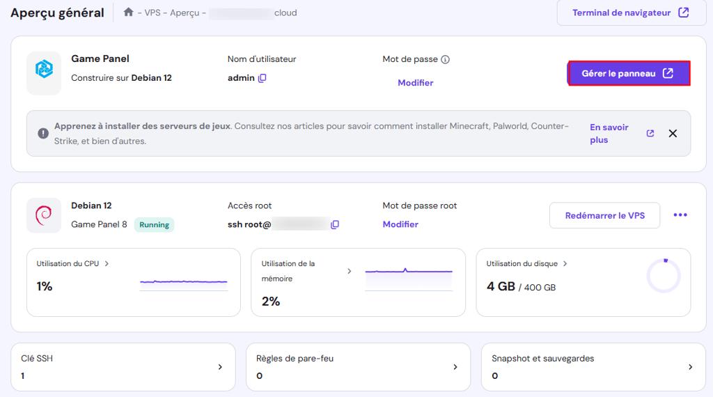 Le bouton G&eacute;rer le panneau dans la page Aper&ccedil;u g&eacute;n&eacute;ral du VPS de hPanel