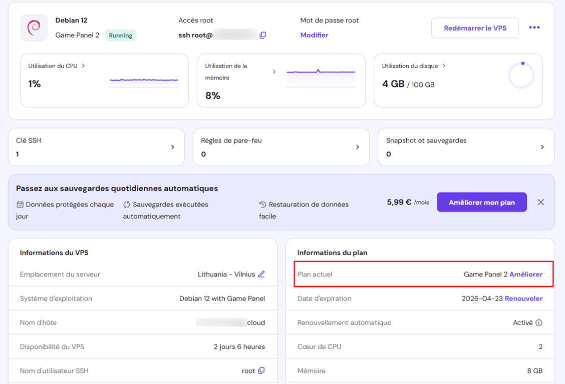 Le bouton Améliorer sur la page Aperçu général du VPS de hPanel