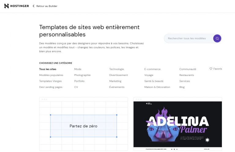 La page des modèles sur le Créateur de sites web Hostinger