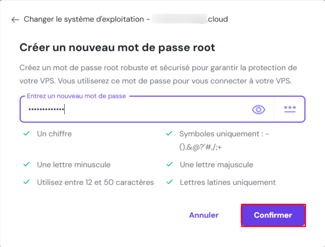 Écran Créer un nouveau mot de passe root