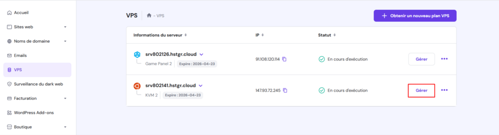 Onglet VPS ouvert dans hpanel avec le bouton G&eacute;rer en surbrillance