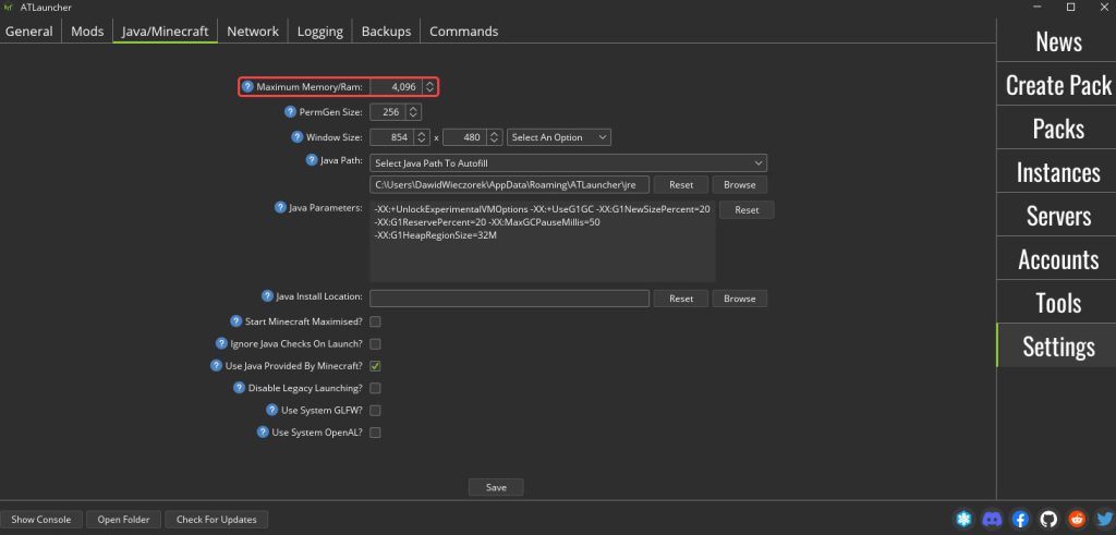 ATLauncher pour Minecraft, emplacement de l'option Mémoire maximale/RAM dans Paramètres > Java/Minecraft