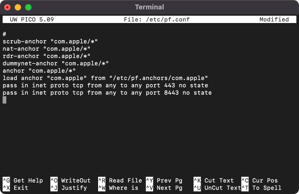 Autoriser les ports 443 et 8443 sur le filtre de paquets macOS &agrave; l'aide du Terminal.