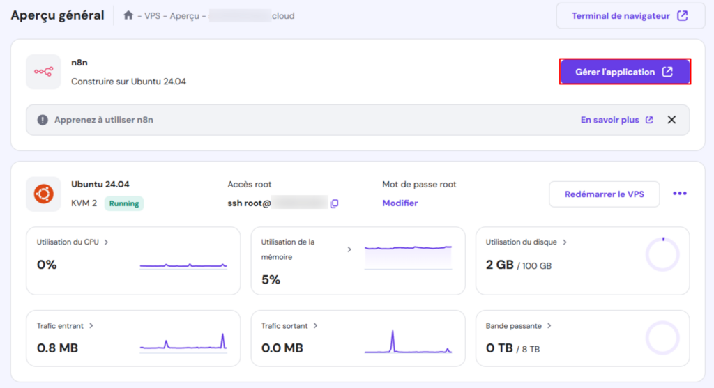 Le bouton Gérer l'application dans la page Aperçu général du VPS de hPanel