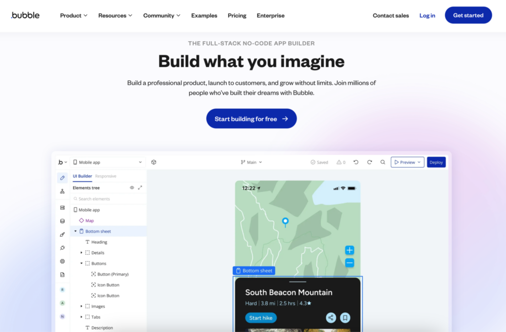 Page d'accueil de Bubble, outil de développement d'applications web sans code