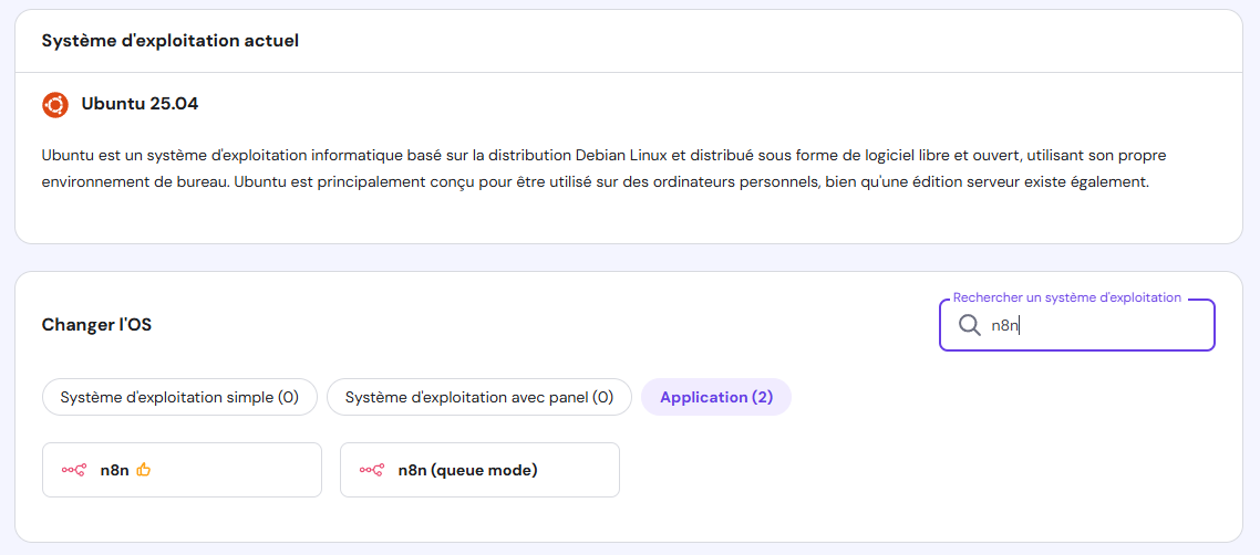 Le template n8n dans la section Changer l'OS du VPS de hPanel.