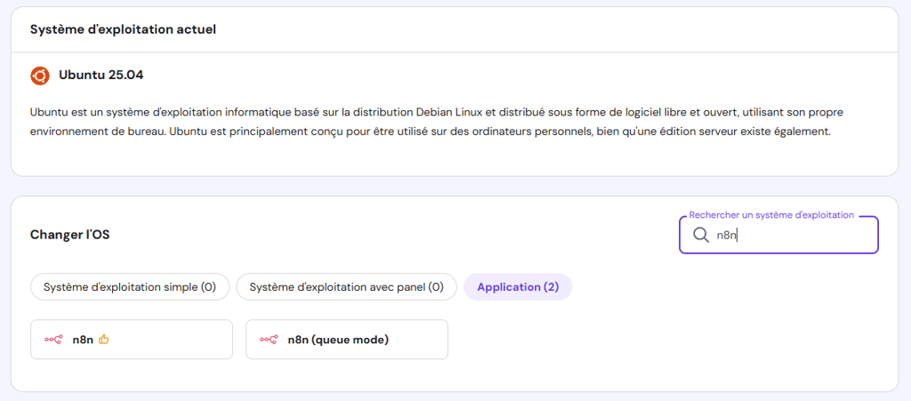 Le template n8n dans la section Changer l'OS du VPS de hPanel.