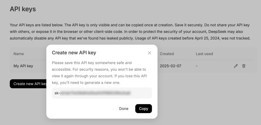 La clé API générée dans la page des clés API de la plateforme DeepSeek