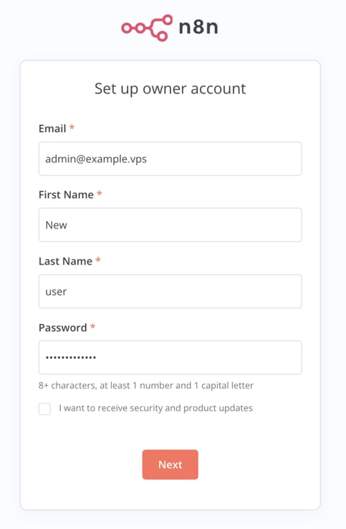 La page d'inscription de n8n pour le compte propriétaire