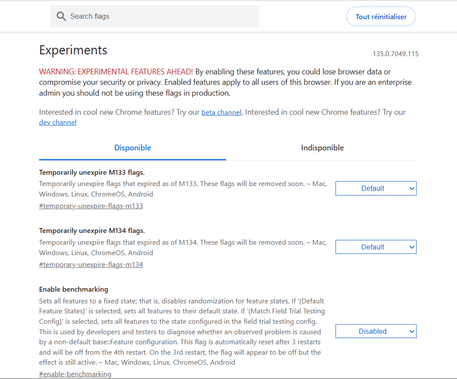 Le menu Expériences dans Google Chrome