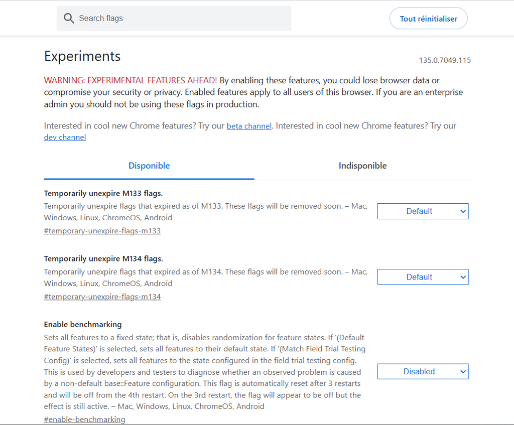 Le menu Expériences dans Google Chrome