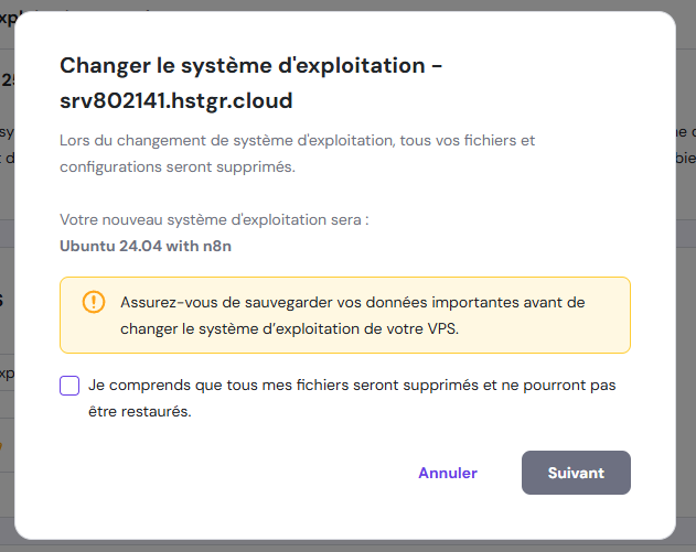 Boîte de dialogue de confirmation Changer le système d'exploitation dans le VPS de hPanel