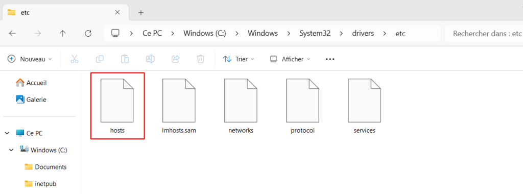 Le fichier hosts dans l'Explorateur de fichiers Windows
