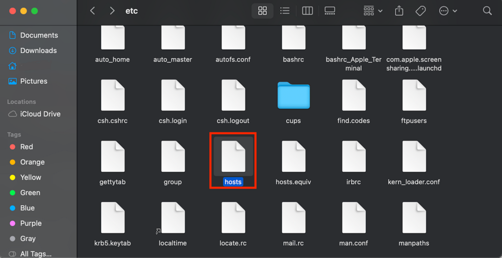 Le fichier hosts dans le Finder de macOS