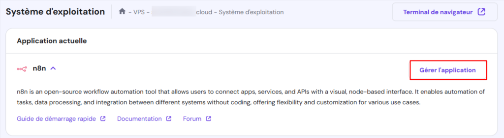 Le bouton Gérer l'application dans la page Système d'exploitation VPS de hPanel