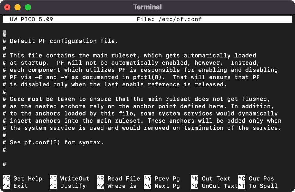 Ouverture du fichier sysconfig du filtre de paquets macOS &agrave; l'aide du Terminal.