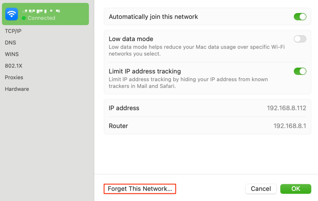 L'option « Oublier ce réseau » dans macOS