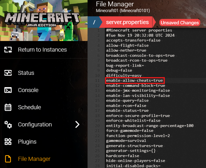 Le gestionnaire de fichiers du Game Panel de Hostinger, affichant le fichier server.properties ouvert dans l'éditeur et le paramètre allow-cheats réglé sur true.