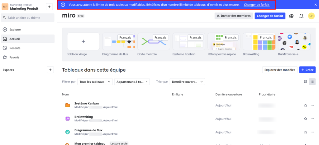La version gratuite de Miro