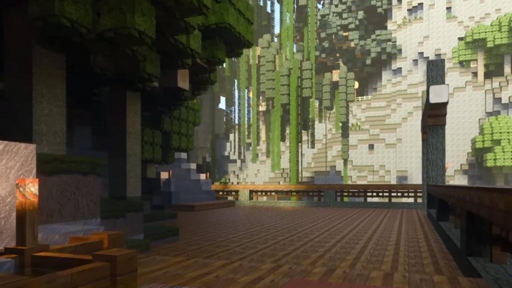 Capture d'écran d'une vidéo YouTube montrant un gameplay modifié de Minecraft avec le ray tracing activé.