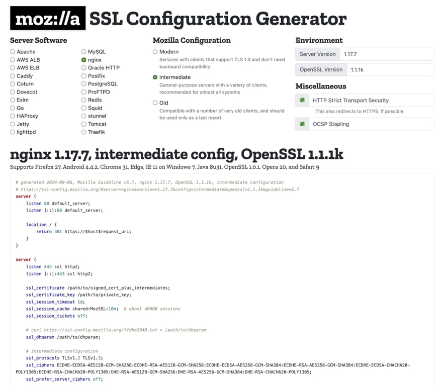 Page du générateur de configuration SSL Mozilla