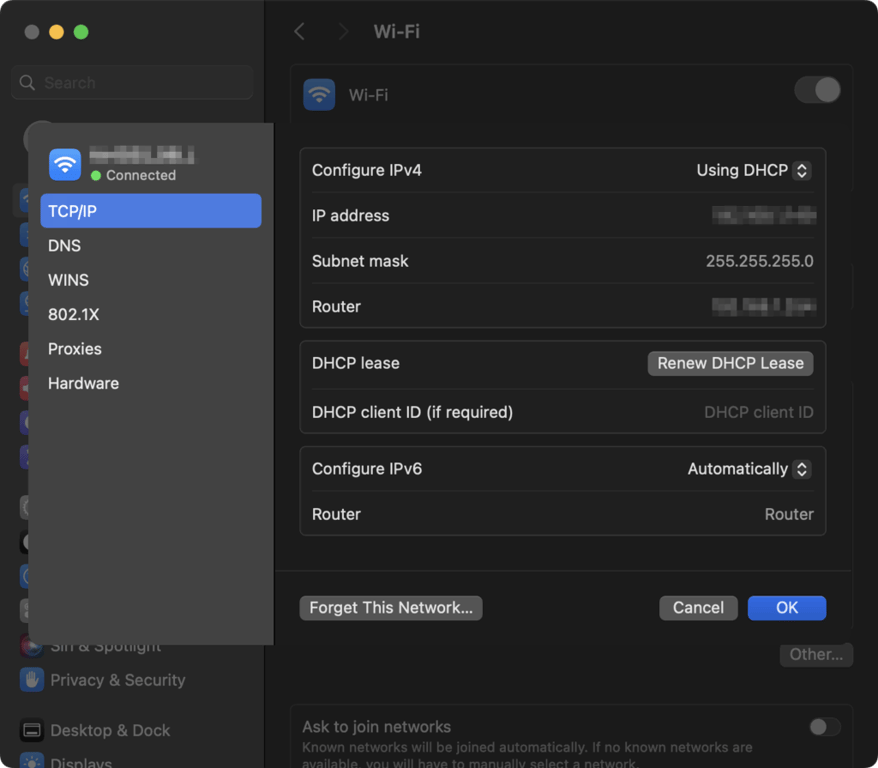 Détails du réseau TCP/IP affichés dans les paramètres système sous macOS