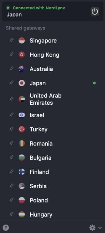 Passerelles disponibles de NordVPN