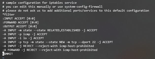 Ouverture du fichier sysconfig iptables de CentOS via le terminal.