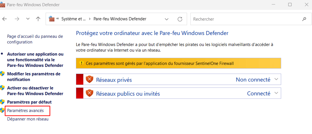 S&eacute;lectionner les param&egrave;tres avanc&eacute;s dans le pare-feu Windows Defender.