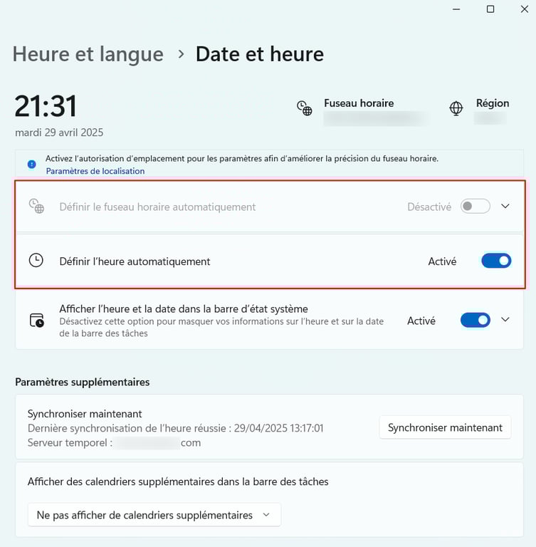 Les options «Définir l'heure automatiquement » et « Définir le fuseau horaire automatiquement » dans Windows