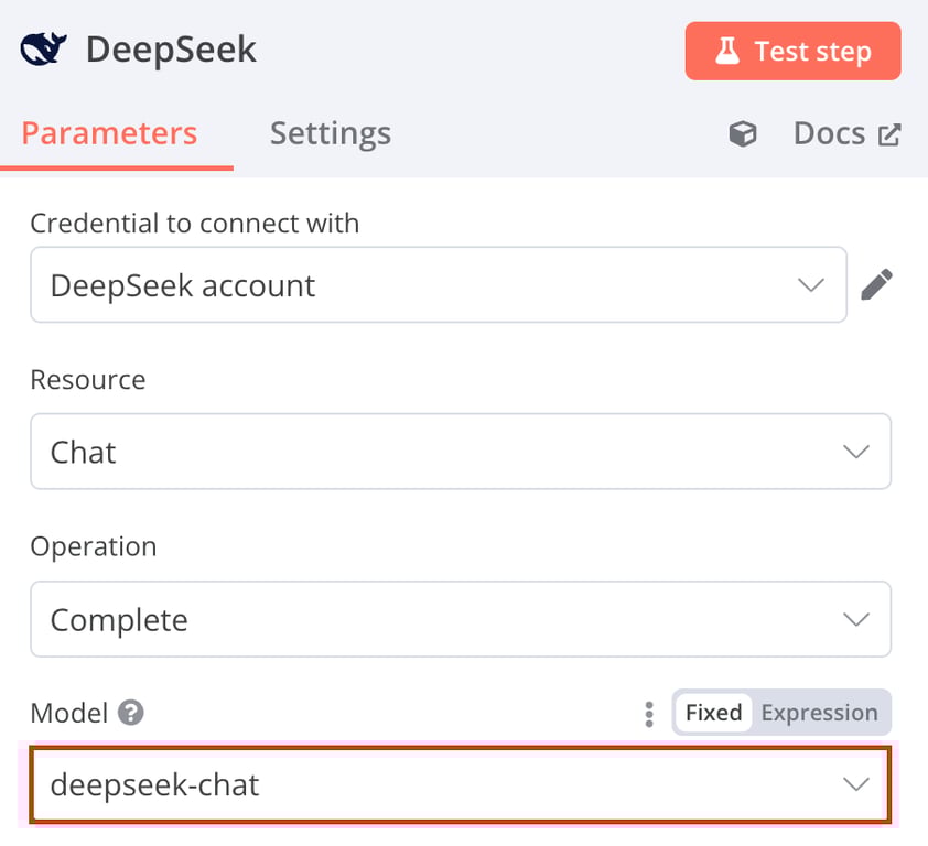 L'option deepseek-chat dans le champ Modèle de la boîte de dialogue de configuration de DeepSeek