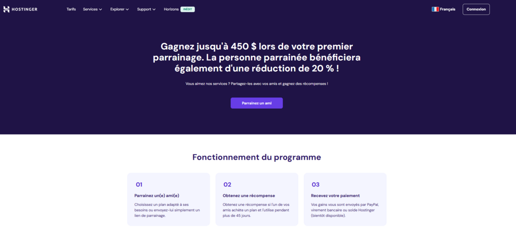 Page du programme de parrainage Hostinger 