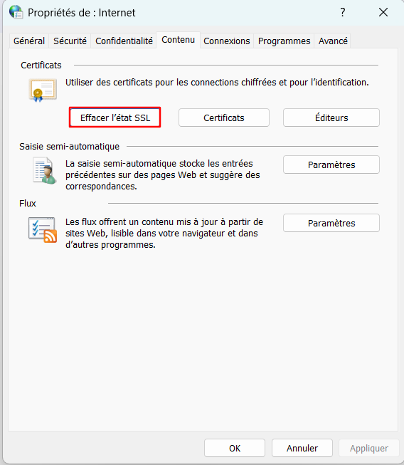 L'option « Effacer l'état SSL » dans Windows