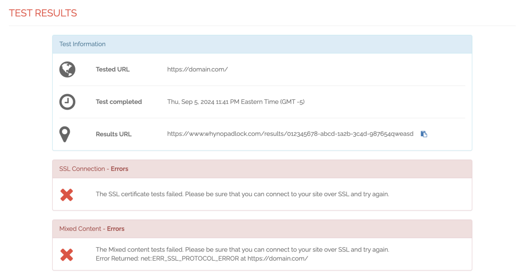 Résultat d'un test SSL sur le site Web Why No Paddock?