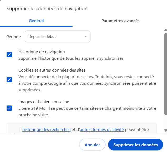 Le menu Supprimer les données de navigation dans Google Chrome